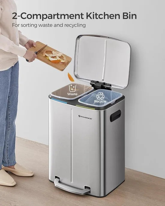 FurnStar - Pedaalemmer - 2 x 20L Keuken vuilnisbak - Metalen opstapbak met twee compartimenten - Met plastic binnenemmers - Zacht sluitende deksels en handgrepen - Geurafdichting -Zilver