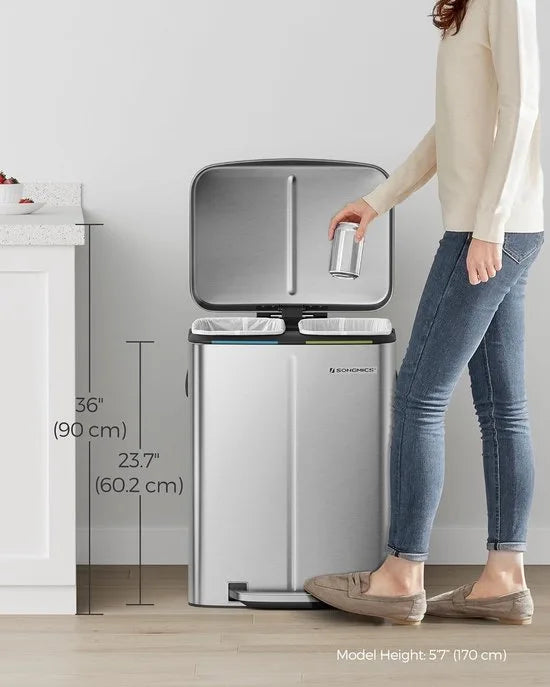 FurnStar - Pedaalemmer - 2 x 20L Keuken vuilnisbak - Metalen opstapbak met twee compartimenten - Met plastic binnenemmers - Zacht sluitende deksels en handgrepen - Geurafdichting -Zilver