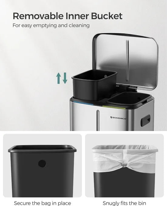 FurnStar - Pedaalemmer - 2 x 20L Keuken vuilnisbak - Metalen opstapbak met twee compartimenten - Met plastic binnenemmers - Zacht sluitende deksels en handgrepen - Geurafdichting -Zilver