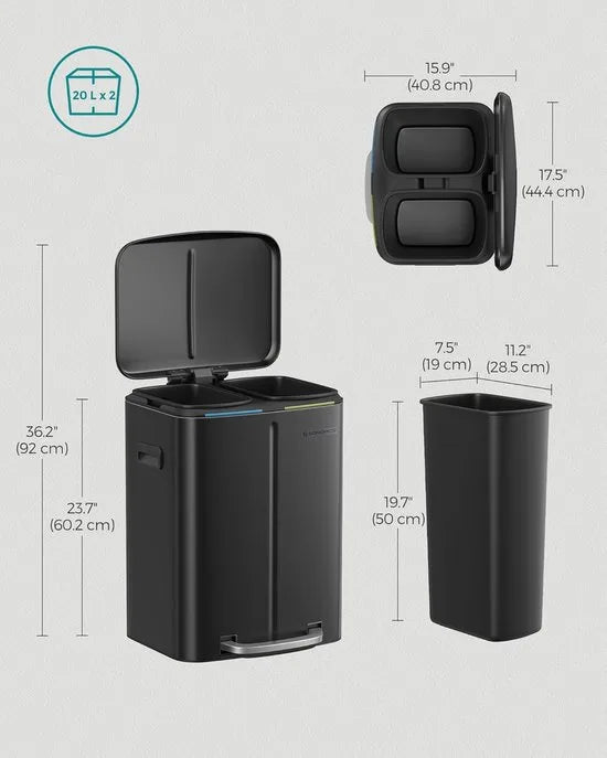 FurnStar - Pedaalemmer - 2 x 20L Keuken Vuilnisbak - Metalen opstapbak met twee compartimenten - Met plastic binnen emmers - Zacht sluitende deksels en handgrepen - Geurafdichting - Zwart