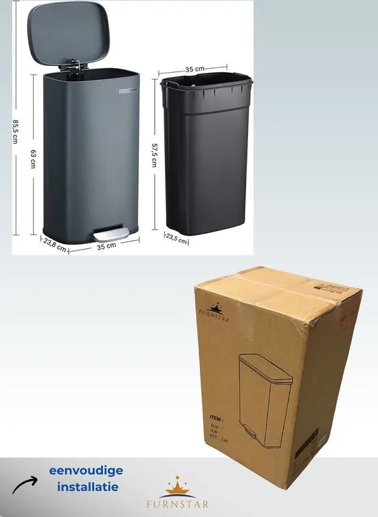 FurnStar - Pedaalemmer 30 Liter – Soft Close – Kunststof Binnenemmer – Geurcontrole – Smoky Grey