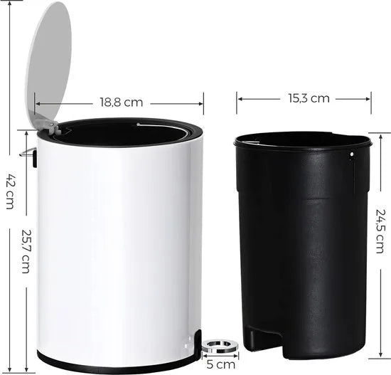 FurnStar - Pedaalemmer - Afvalbakmet deksel - toiletbak - 3L cosmeticabak - kleine afvalbak - soft close - uitneembare plastic binnenemmer - voor slaapkamer - kantoor - staal - wit