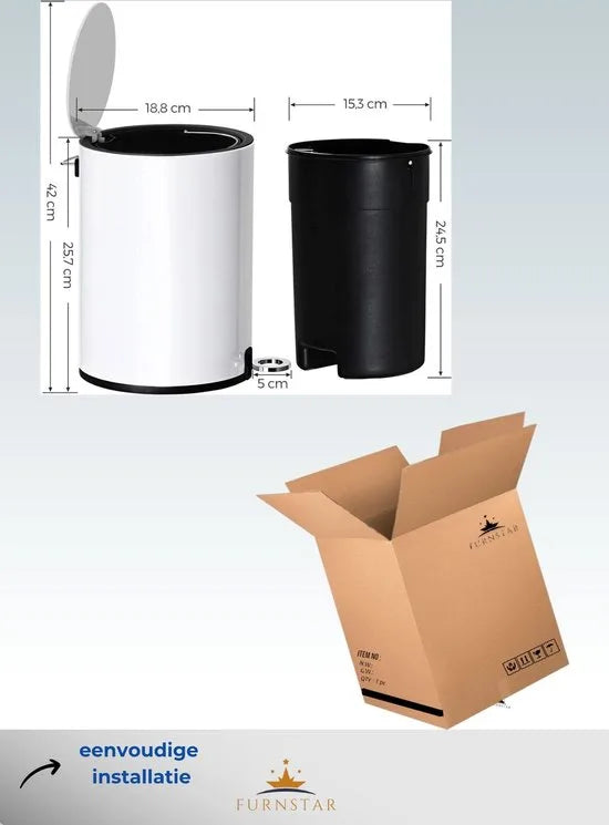 FurnStar - Pedaalemmer - Afvalbakmet deksel - toiletbak - 3L cosmeticabak - kleine afvalbak - soft close - uitneembare plastic binnenemmer - voor slaapkamer - kantoor - staal - wit
