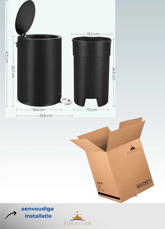 FurnStar - Pedaalemmer - Badkamerbak met deksel - toiletbak - 3L cosmeticabak - kleine afvalbak - soft close - uitneembare plastic binnenemmer - voor slaapkamer - kantoor - staal - zwart