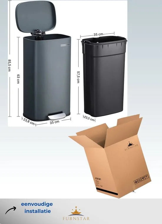 FurnStar - Pedaalemmer - Badkamerbak met deksel - toiletbak - 3L cosmeticabak - kleine afvalbak - soft close - uitneembare plastic binnenemmer - voor slaapkamer - kantoor - staal - grijs