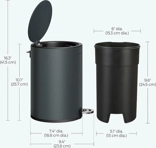 FurnStar - Pedaalemmer - Badkamerbak met deksel - toiletbak - 3L cosmeticabak - kleine afvalbak - soft close - uitneembare plastic binnenemmer - voor slaapkamer - kantoor - staal - grijs