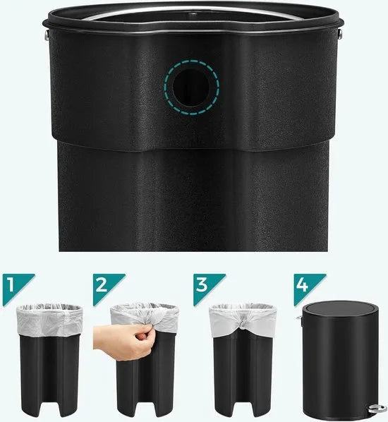 FurnStar - Pedaalemmer - Badkamerbak met deksel - toiletbak - 3L cosmeticabak - kleine afvalbak - soft close - uitneembare plastic binnenemmer - voor slaapkamer - kantoor - staal - zwart