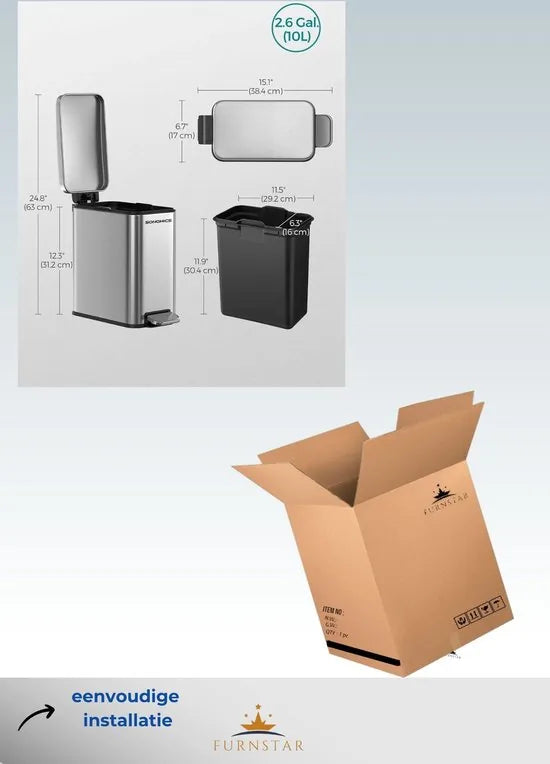 FurnStar - Pedaalemmer - Badkameremmer - Kleine Afvalbak van 10 Liter met Deksel - Pedaalemmer - Slank voor Kleine Ruimtes - Staal - Soft Close - Zilver