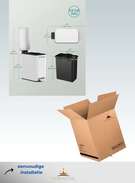 FurnStar - Pedaalemmer - Badkameremmer - kleine afvalbak van 10 liter met deksel - pedaalemmer - slank voor kleine ruimtes - staal - soft close - wit