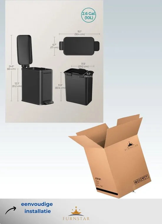 FurnStar - Pedaalemmer - Badkameremmer - kleine afvalbak van 10 liter met deksel - pedaalemmer - slank voor kleine ruimtes - staal - soft close - zwart