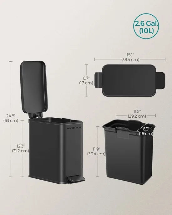 FurnStar - Pedaalemmer - Badkameremmer - kleine afvalbak van 10 liter met deksel - pedaalemmer - slank voor kleine ruimtes - staal - soft close - zwart
