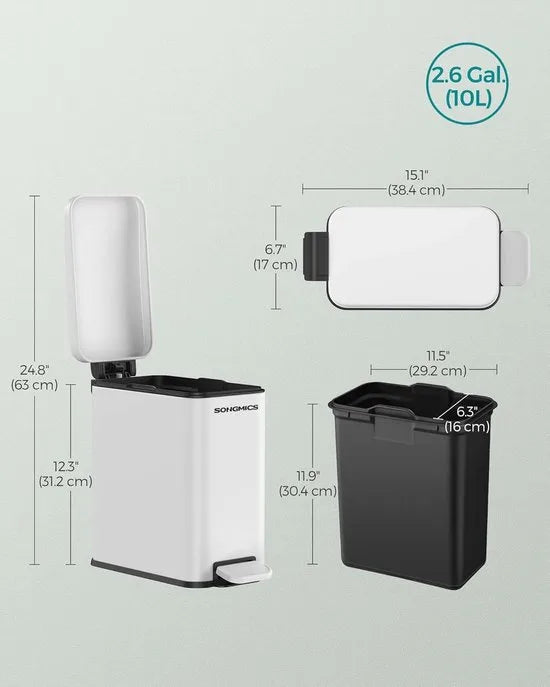 FurnStar - Pedaalemmer - Badkameremmer - kleine afvalbak van 10 liter met deksel - pedaalemmer - slank voor kleine ruimtes - staal - soft close - wit