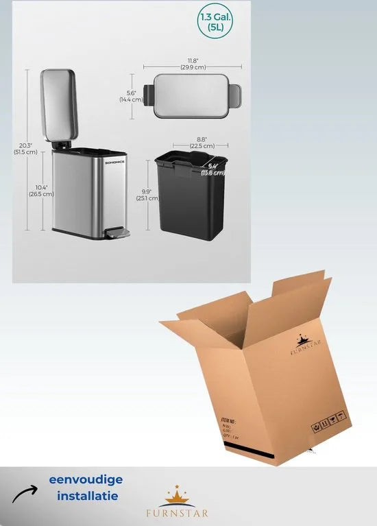 FurnStar - Pedaalemmer - Badkameremmer - kleine afvalbak van 5 liter met deksel - pedaalemmer - slank voor kleine ruimtes - staal - soft close - zilver