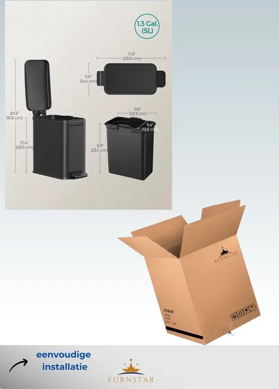 FurnStar - Pedaalemmer - Badkameremmer - kleine afvalbak van 5 liter met deksel - pedaalemmer - slank voor kleine ruimtes - staal - soft close - zwart