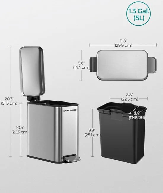 FurnStar - Pedaalemmer - Badkameremmer - kleine afvalbak van 5 liter met deksel - pedaalemmer - slank voor kleine ruimtes - staal - soft close - zilver