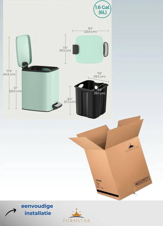 FurnStar - Pedaalemmer - Badkameremmer - Kleine afvalbak van 6 liter - Toiletemmer met pedaal voor kleine ruimtes - Soft-close deksel - Staal - Groen