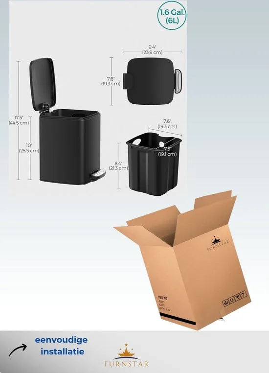 FurnStar - Pedaalemmer - Badkameremmer - Kleine afvalbak van 6 liter - Toiletemmer met pedaal voor kleine ruimtes - Soft-close deksel - Staal - Zwart