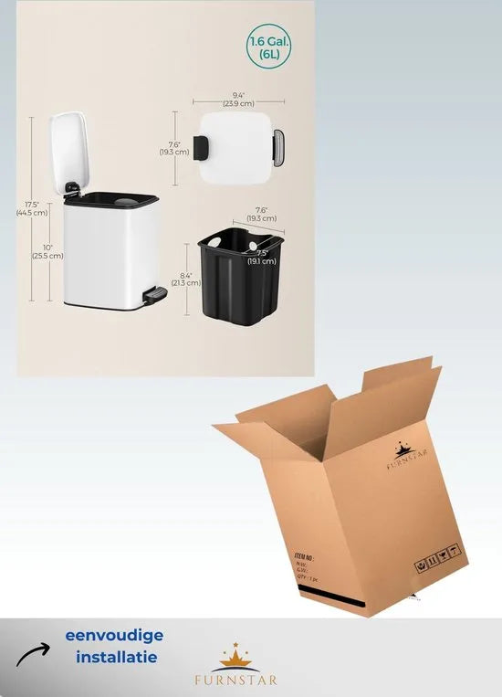 FurnStar - Pedaalemmer - Badkameremmer - Kleine afvalbak van 6 liter - Toiletemmer met pedaal voor kleine ruimtes - Soft-close deksel - Staal - wit