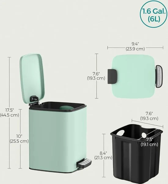 FurnStar - Pedaalemmer - Badkameremmer - Kleine afvalbak van 6 liter - Toiletemmer met pedaal voor kleine ruimtes - Soft-close deksel - Staal - Groen
