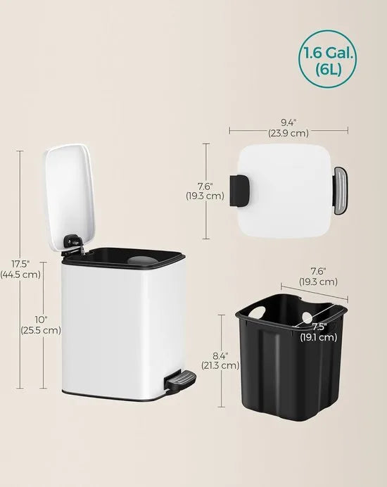 FurnStar - Pedaalemmer - Badkameremmer - Kleine afvalbak van 6 liter - Toiletemmer met pedaal voor kleine ruimtes - Soft-close deksel - Staal - wit