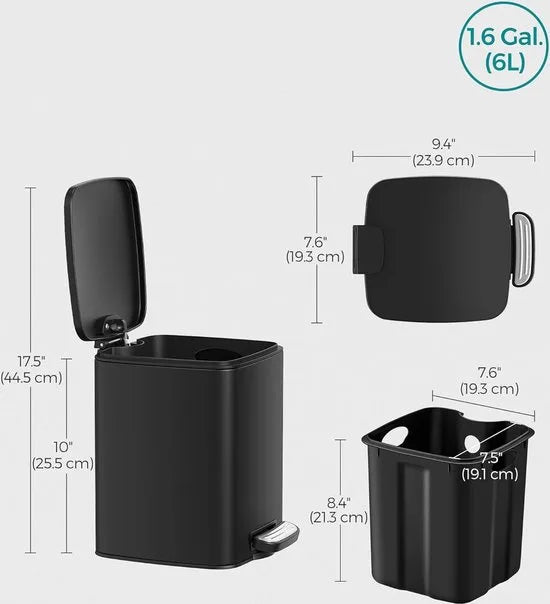 FurnStar - Pedaalemmer - Badkameremmer - Kleine afvalbak van 6 liter - Toiletemmer met pedaal voor kleine ruimtes - Soft-close deksel - Staal - Zwart