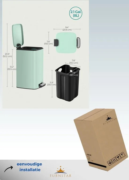 FurnStar - Pedaalemmer - Badkameremmer - Kleine afvalbak van 8 liter - Toiletemmer met pedaal voor kleine ruimtes - Soft-close deksel - Staal - groen