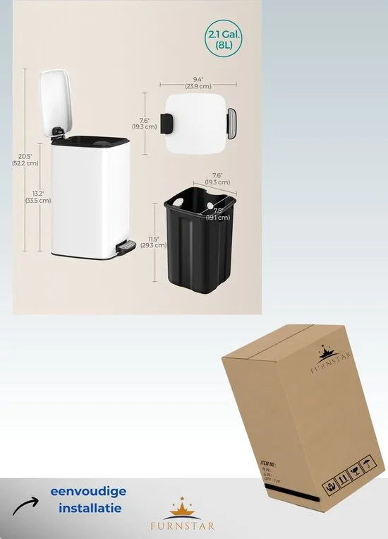 FurnStar - Pedaalemmer - Badkameremmer - Kleine afvalbak van 8 liter - Toiletemmer met pedaal voor kleine ruimtes - Soft-close deksel - Staal - wit