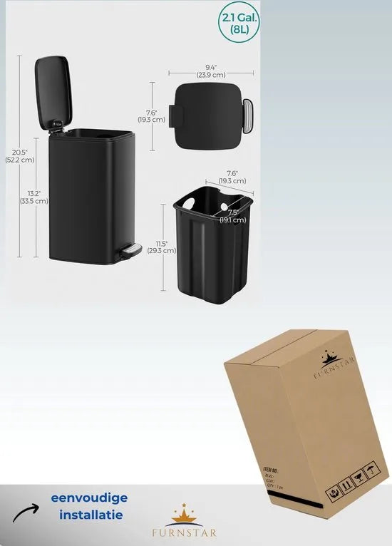FurnStar - Pedaalemmer - Badkameremmer - Kleine afvalbak van 8 liter - Toiletemmer met pedaal voor kleine ruimtes - Soft-close deksel - Staal - Zwart