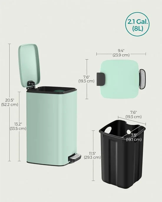FurnStar - Pedaalemmer - Badkameremmer - Kleine afvalbak van 8 liter - Toiletemmer met pedaal voor kleine ruimtes - Soft-close deksel - Staal - groen