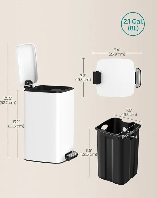 FurnStar - Pedaalemmer - Badkameremmer - Kleine afvalbak van 8 liter - Toiletemmer met pedaal voor kleine ruimtes - Soft-close deksel - Staal - wit