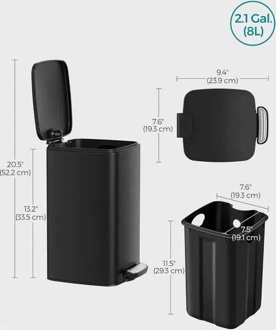 FurnStar - Pedaalemmer - Badkameremmer - Kleine afvalbak van 8 liter - Toiletemmer met pedaal voor kleine ruimtes - Soft-close deksel - Staal - Zwart