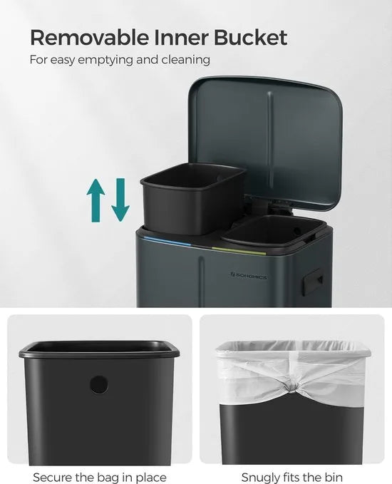 FurnStar - Pedaalemmer - Dubbele vuilnisbak - 2 x 20L Keukenbak - Metalen opstapbak met twee compartimenten - Met plastic binnenemmers - Zacht sluitende deksels en handgrepen - Geurafdichting - Groenachtig grijs