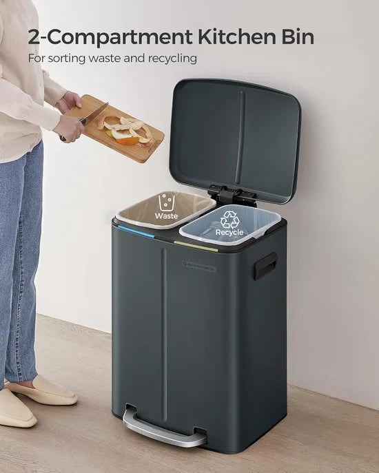 FurnStar - Pedaalemmer - Dubbele vuilnisbak - 2 x 20L Keukenbak - Metalen opstapbak met twee compartimenten - Met plastic binnenemmers - Zacht sluitende deksels en handgrepen - Geurafdichting - Groenachtig grijs