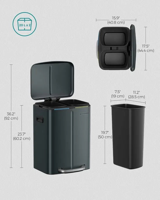 FurnStar - Pedaalemmer - Dubbele vuilnisbak - 2 x 20L Keukenbak - Metalen opstapbak met twee compartimenten - Met plastic binnenemmers - Zacht sluitende deksels en handgrepen - Geurafdichting - Groenachtig grijs