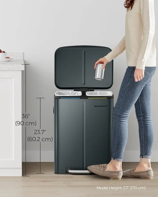 FurnStar - Pedaalemmer - Dubbele vuilnisbak - 2 x 20L Keukenbak - Metalen opstapbak met twee compartimenten - Met plastic binnenemmers - Zacht sluitende deksels en handgrepen - Geurafdichting - Groenachtig grijs