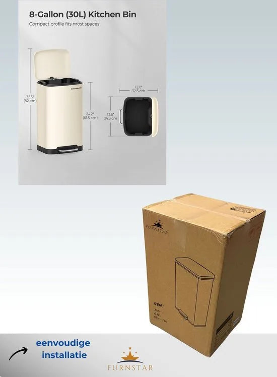 FurnStar - Pedaalemmer - Keuken Vuilnisbak van 30 liter (8 gallon) - Stalen pedaalemmer met deksel en binnenemmer - Soft Close - Wolk wit