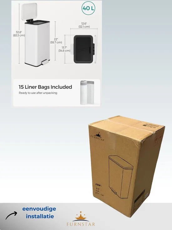 FurnStar - Pedaalemmer - Keuken Vuilnisbak van 40 liter (10,5 gallon) - Grote opslagbak met deksel - Staal, Soft Close - Inclusief 15 binnenzakken - Wit