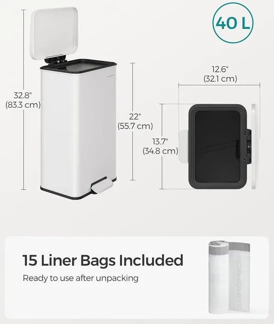 FurnStar - Pedaalemmer - Keuken Vuilnisbak van 40 liter (10,5 gallon) - Grote opslagbak met deksel - Staal, Soft Close - Inclusief 15 binnenzakken - Wit