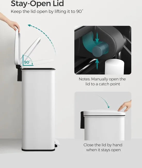 FurnStar - Pedaalemmer - Keuken Vuilnisbak van 40 liter (10,5 gallon) - Grote opslagbak met deksel - Staal, Soft Close - Inclusief 15 binnenzakken - Wit