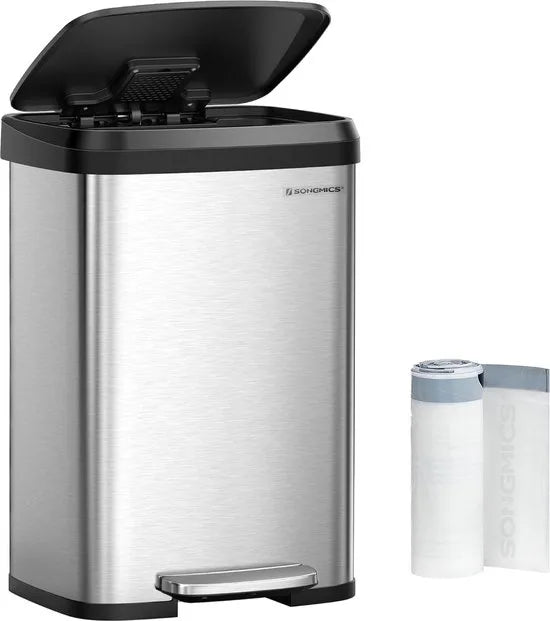 FurnStar - Pedaalemmer - Keuken Vuilnisbak van 50 liter - Pedaalemmer van metaal met deksel - Hoog en groot - Zwart and Zilver