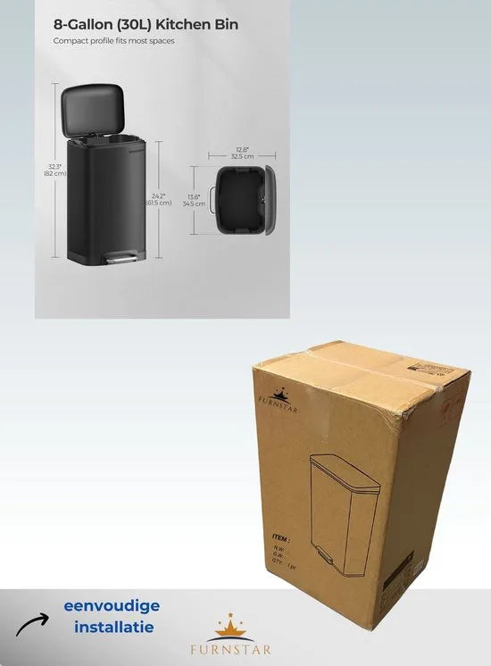 FurnStar - Pedaalemmer - Keukenbak - Vuilnisbak van 30 liter (8 gallon) - Stalen pedaalemmer met deksel en binnenemmer - Soft Close - Zwart
