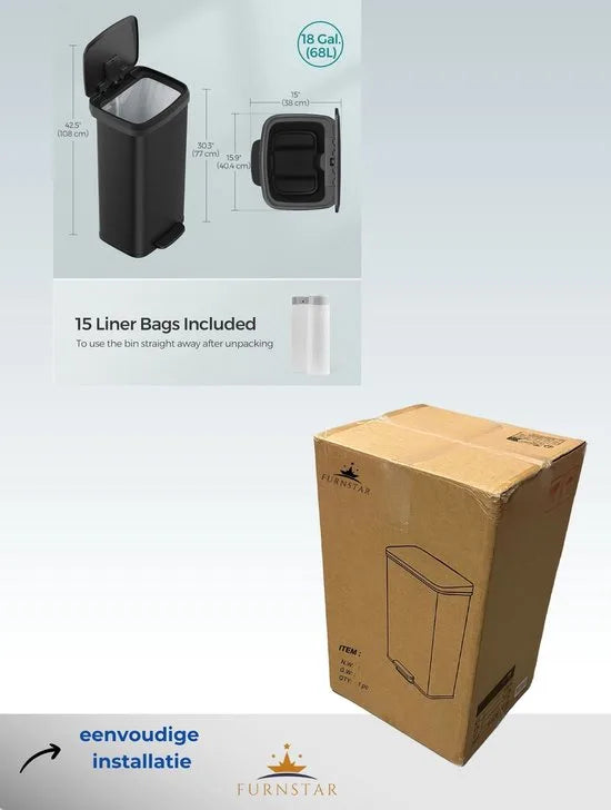 FurnStar - Pedaalemmer - Keukenbak - Vuilnisbak van 68 liter - Pedaalemmer van metaal met deksel - Hoog en groot - Zwart
