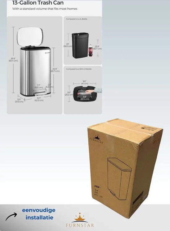FurnStar - Pedaalemmer - Keukenemmer 50L - Pedaalemmer voor Keuken - Vuilnisbak - Soft Close, Opstappedaal - Staal - Binnenemmer - Zilver