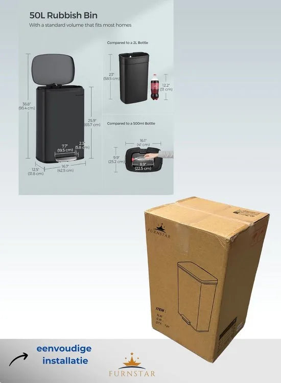 FurnStar - Pedaalemmer - Keukenemmer 50L - Pedaalemmer voor Keuken - Vuilnisbak - Soft Close, Opstappedaal - Staal - Binnenemmer - Zwart