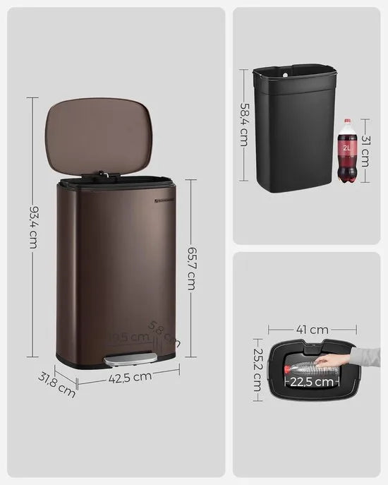 FurnStar - Pedaalemmer - Keukenemmer 50L - Pedaalemmer voor Keuken - Vuilnisbak - Soft Close, Opstappedaal - Staal - Binnenemmer - Zilver – Bruin