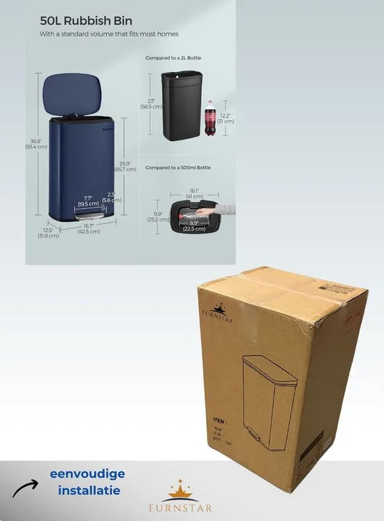 FurnStar - Pedaalemmer - Keukenemmer 50L - Pedaalemmer voor Keuken - Vuilnisbak - Soft Close, Opstappedaal - Staal - Binnenemmer - Zilver – Blauw