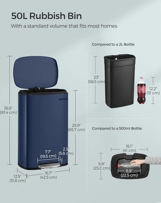 FurnStar - Pedaalemmer - Keukenemmer 50L - Pedaalemmer voor Keuken - Vuilnisbak - Soft Close, Opstappedaal - Staal - Binnenemmer - Zilver – Blauw