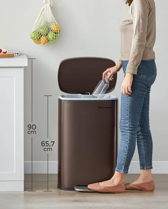 FurnStar - Pedaalemmer - Keukenemmer 50L - Pedaalemmer voor Keuken - Vuilnisbak - Soft Close, Opstappedaal - Staal - Binnenemmer - Zilver – Bruin