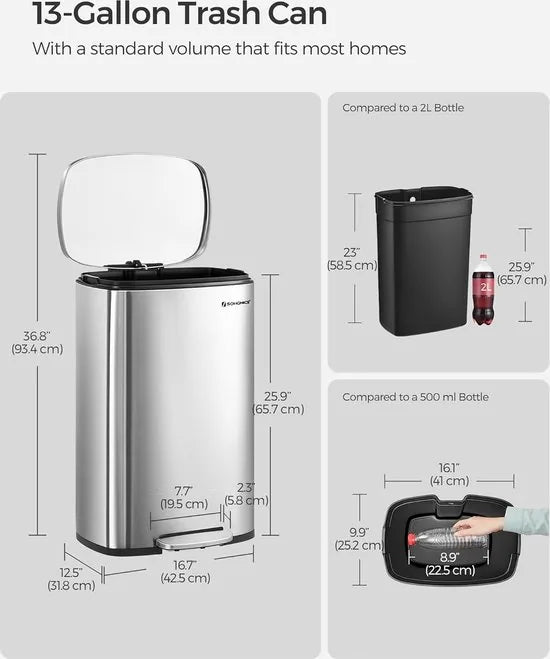 FurnStar - Pedaalemmer - Keukenemmer 50L - Pedaalemmer voor Keuken - Vuilnisbak - Soft Close, Opstappedaal - Staal - Binnenemmer - Zilver