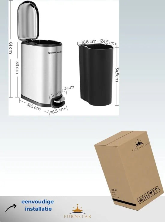 FurnStar - Pedaalemmer - Prullenbak Cosmetische kan van staal - 10 liter - Smalle pedaalemmer met binnenemmer - voor badkamer - Soft Close - Inbouwbak - Zilver